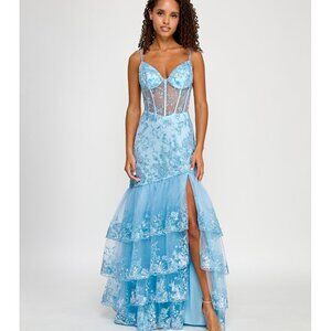 Say Yes By Macys Blue Sequin Floral Embroidered Mesh Mermaid Gown Size 0